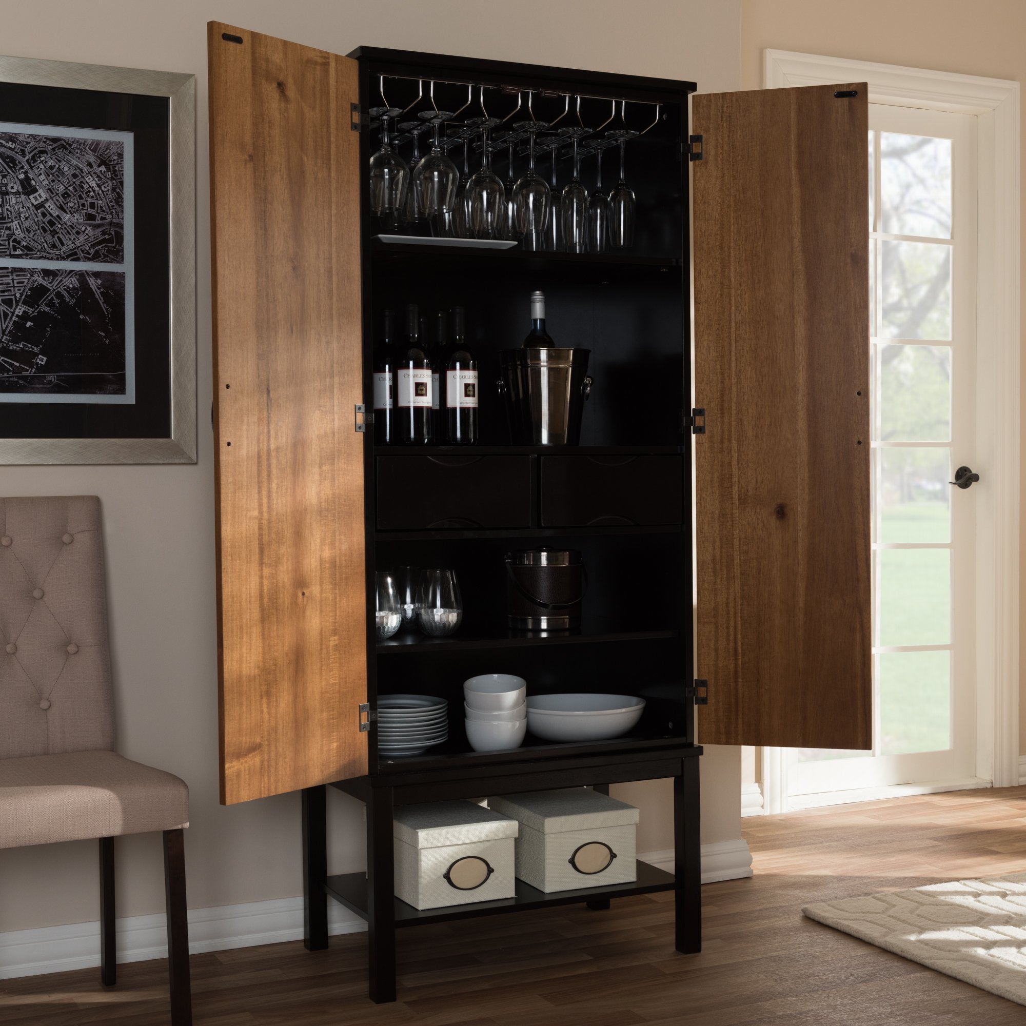 Baxton Studio Marya Mid-Century Modern Dark Brown And Walnut Two-Tone Solid Rubberwood MDF Veneered Wine Cabinet