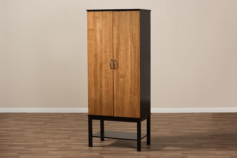 Baxton Studio Marya Mid-Century Modern Dark Brown And Walnut Two-Tone Solid Rubberwood MDF Veneered Wine Cabinet