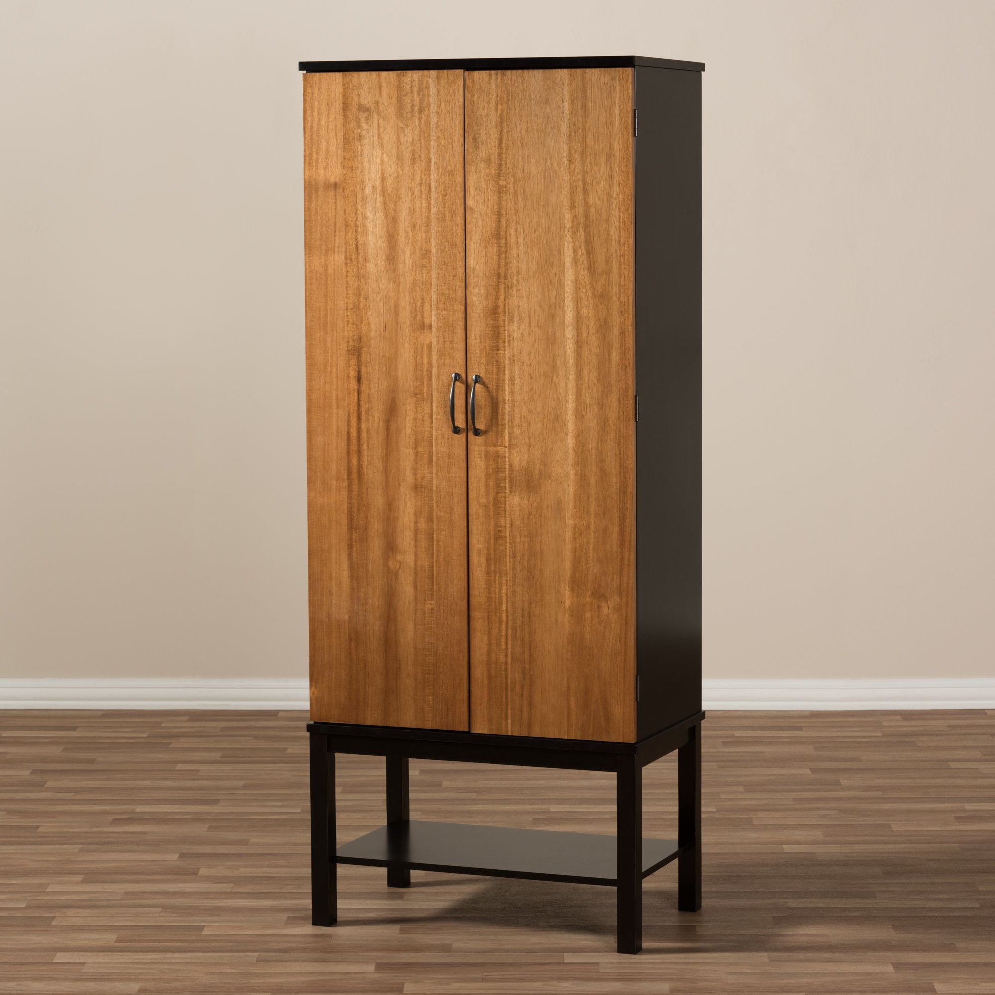 Baxton Studio Marya Mid-Century Modern Dark Brown And Walnut Two-Tone Solid Rubberwood MDF Veneered Wine Cabinet