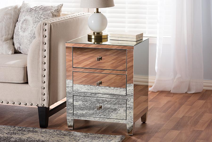 Baxton Studio Rosalind Hollywood Regency Glamour Style Mirrored 3-Drawer Nightstand (Set of 2)