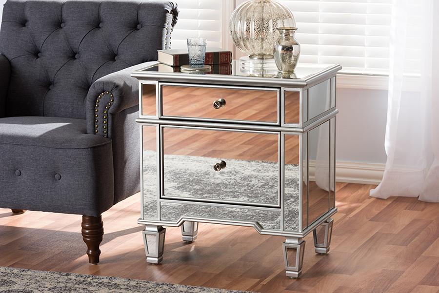 Baxton Studio Sussie Hollywood Regency Glamour Style Mirrored 2-Drawer Nightstand