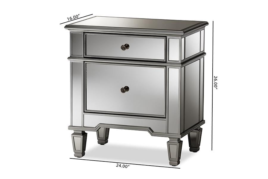 Baxton Studio Sussie Hollywood Regency Glamour Style Mirrored 2-Drawer Nightstand