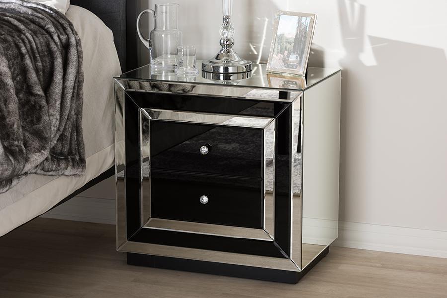 Baxton Studio Cecilia Hollywood Regency Glamour Style Mirrored 2-Drawer Nightstand