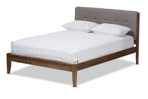 Baxton Studio Leyton Mid-Century Light Grey Fabric and Medium Brown Finish Wood King Size Platform Bed