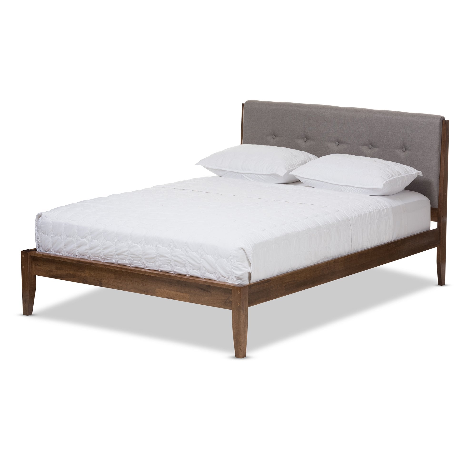 Baxton Studio Leyton Mid-Century Light Grey Fabric and Medium Brown Finish Wood King Size Platform Bed