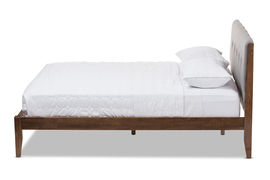 Baxton Studio Leyton Mid-Century Light Grey Fabric and Medium Brown Finish Wood Queen Size Platform Bed