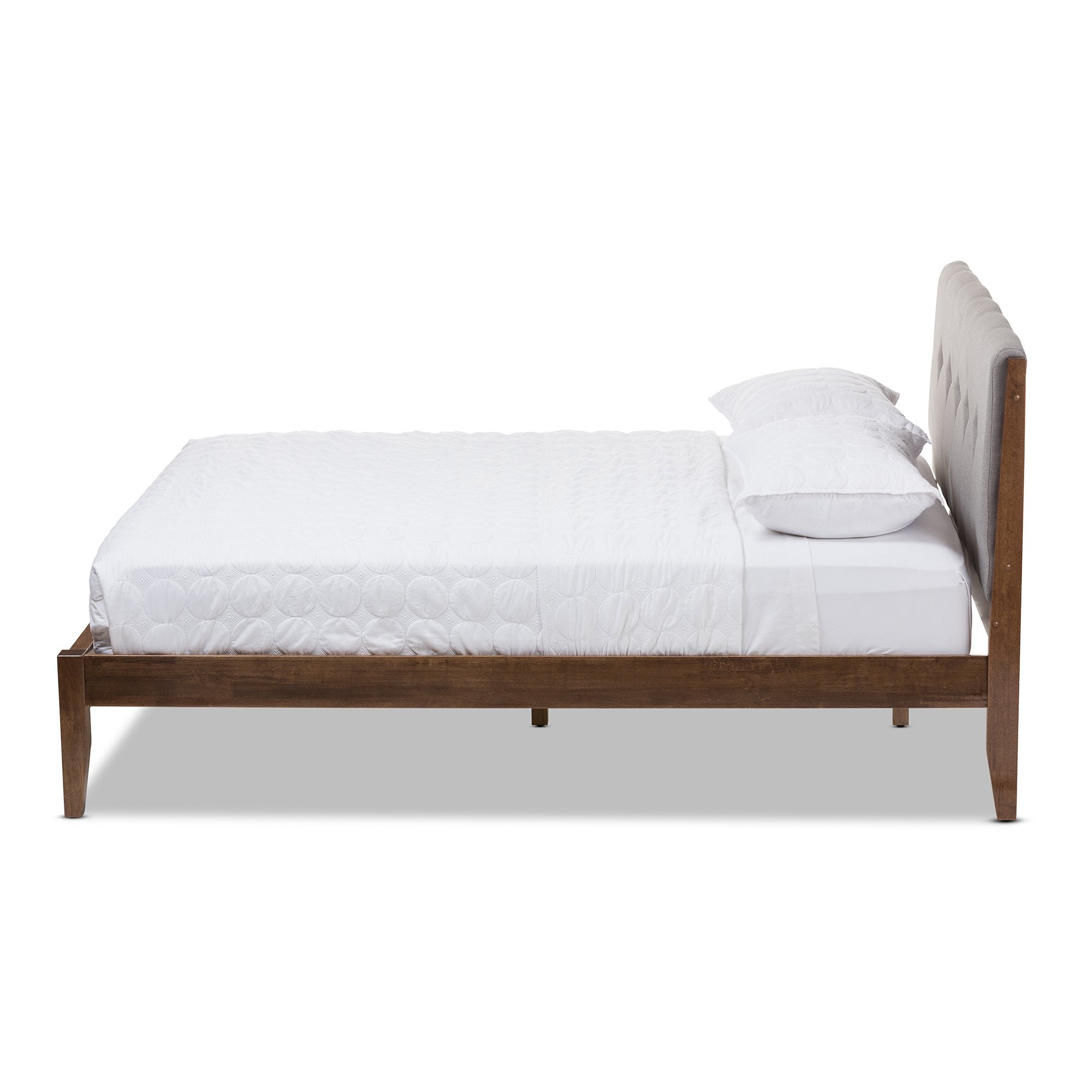 Baxton Studio Leyton Mid-Century Light Grey Fabric and Medium Brown Finish Wood King Size Platform Bed