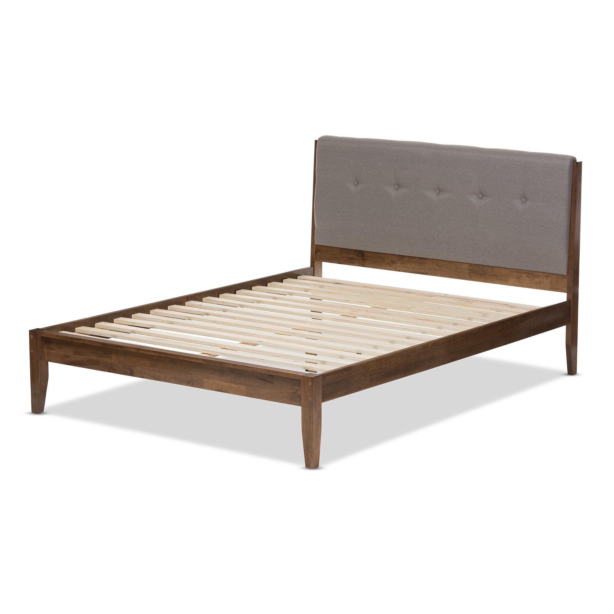 Baxton Studio Leyton Mid-Century Light Grey Fabric and Medium Brown Finish Wood King Size Platform Bed