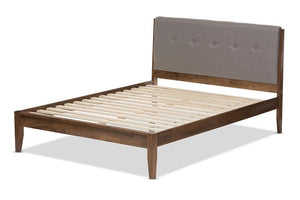 Baxton Studio Leyton Mid-Century Light Grey Fabric and Medium Brown Finish Wood Queen Size Platform Bed