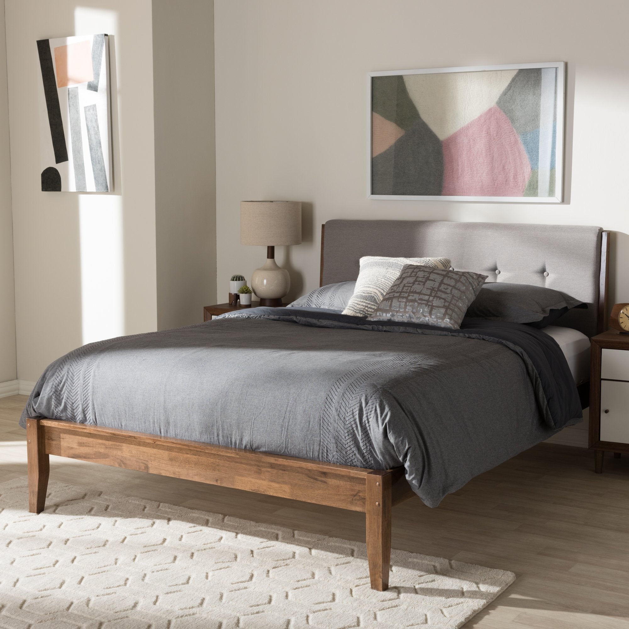 Baxton Studio Leyton Mid-Century Light Grey Fabric and Medium Brown Finish Wood Queen Size Platform Bed