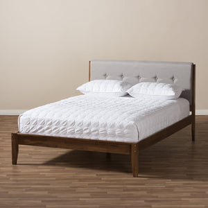 Baxton Studio Leyton Mid-Century Light Grey Fabric and Medium Brown Finish Wood Queen Size Platform Bed