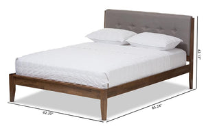 Baxton Studio Leyton Mid-Century Light Grey Fabric and Medium Brown Finish Wood Queen Size Platform Bed