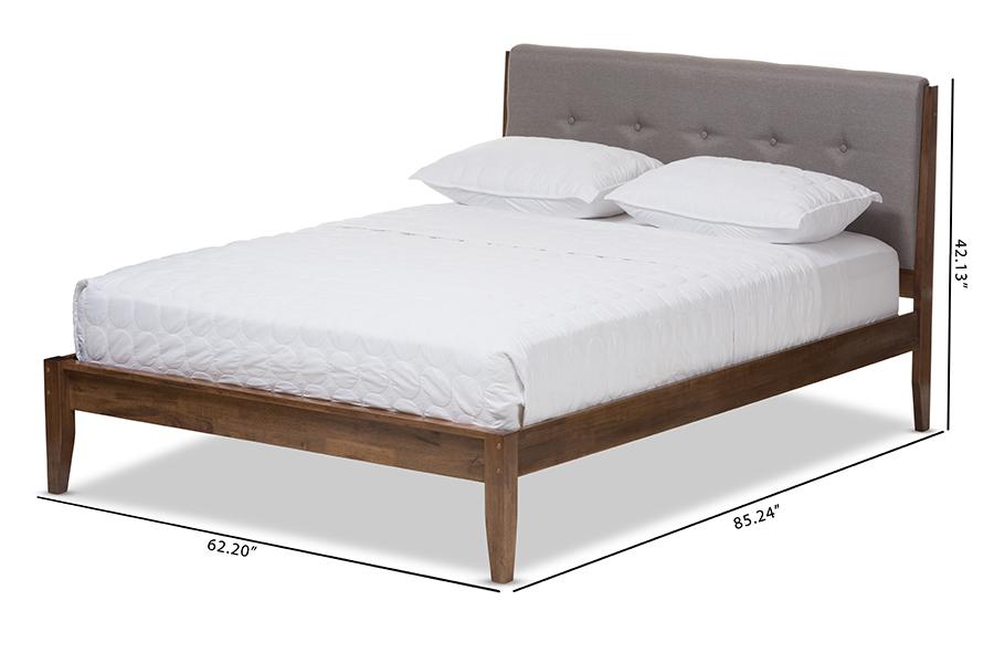 Baxton Studio Leyton Mid-Century Light Grey Fabric and Medium Brown Finish Wood King Size Platform Bed