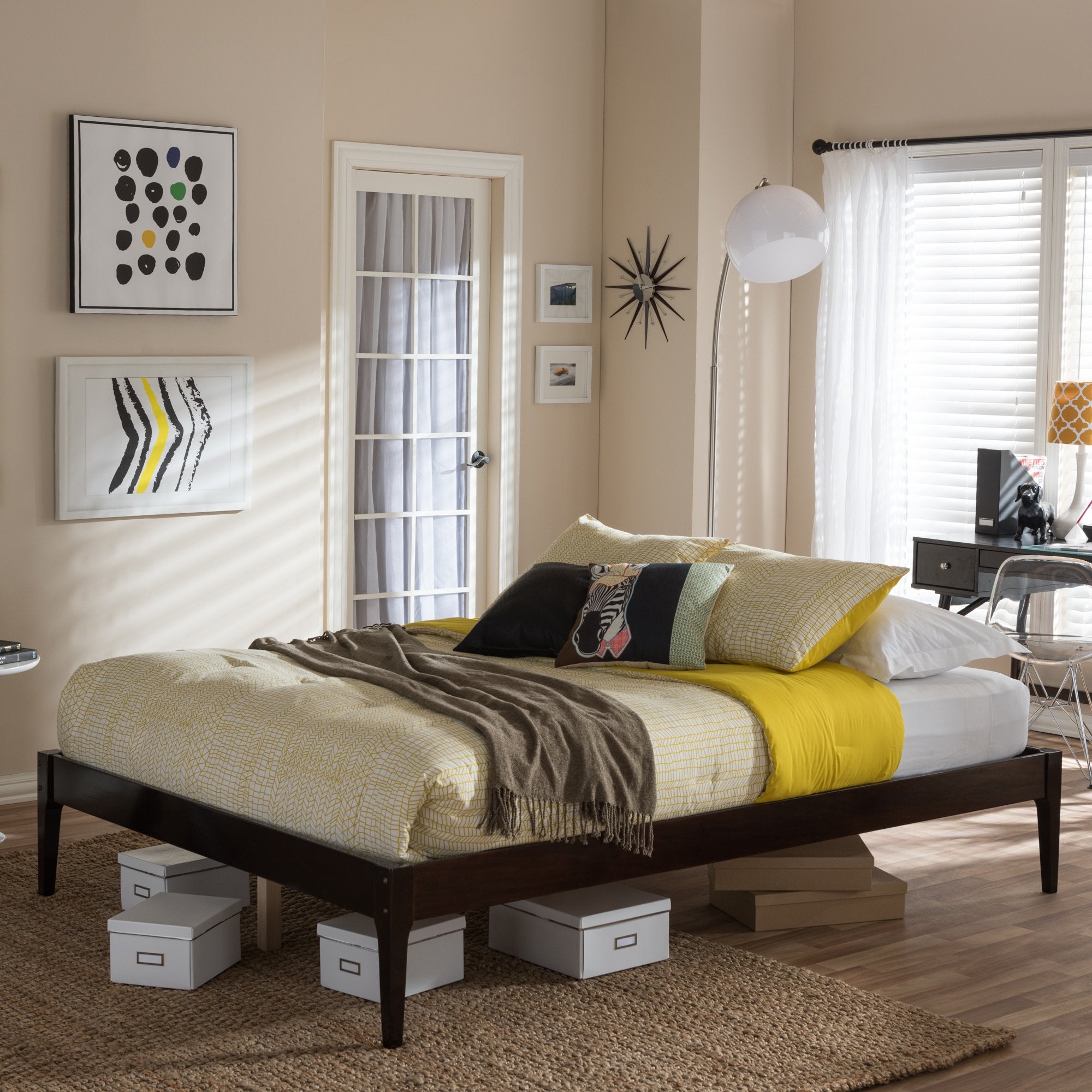 Baxton Studio Bentley Mid-Century Modern Cappuccino Finishing Solid Wood Queen Size Bed Frame