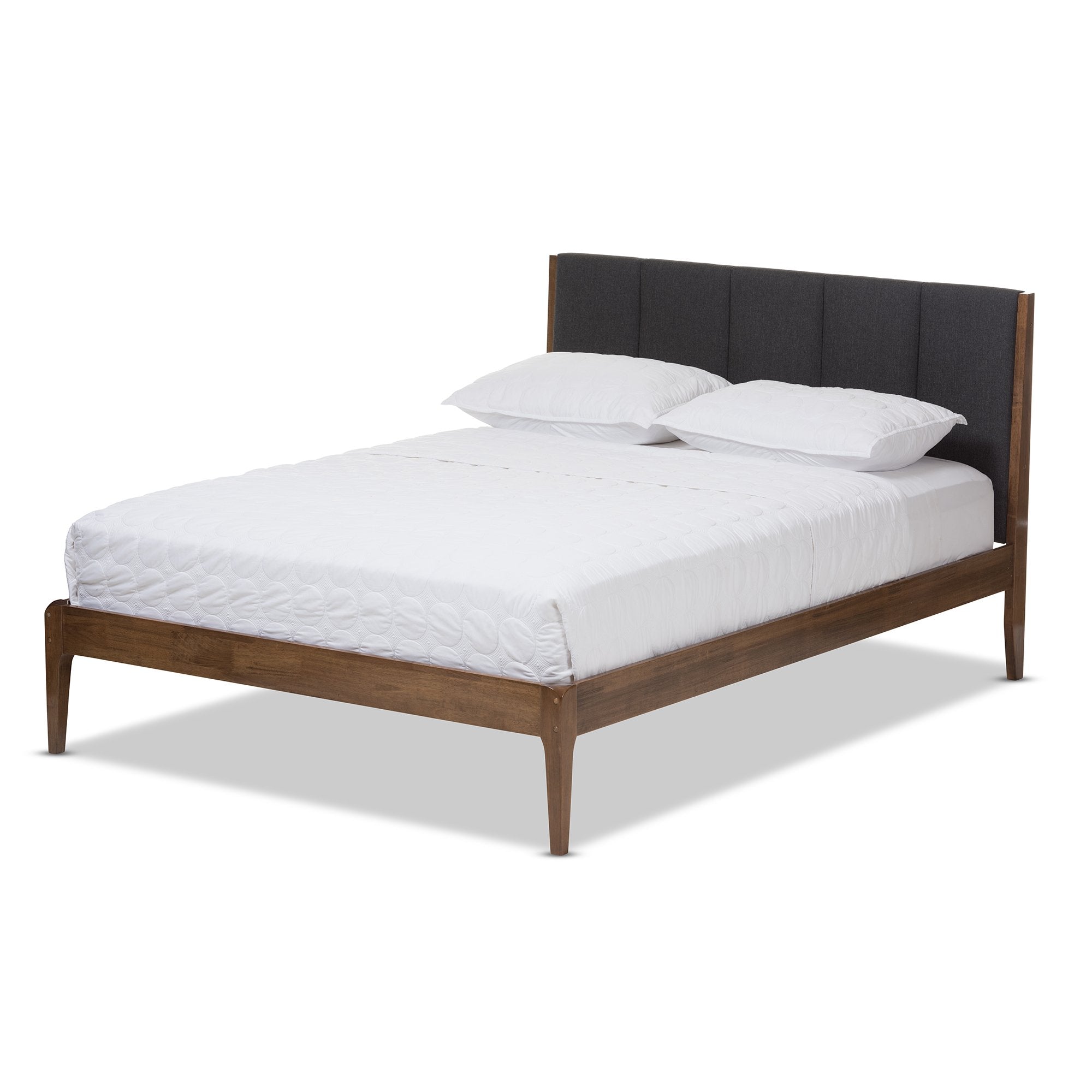 Baxton Studio Ember Mid-Century Dark Grey Fabric and Medium Brown Finish Wood King Size Platform Bed