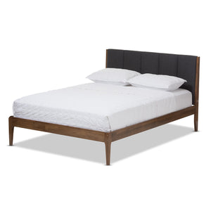 Baxton Studio Ember Mid-Century Dark Grey Fabric and Medium Brown Finish Wood King Size Platform Bed