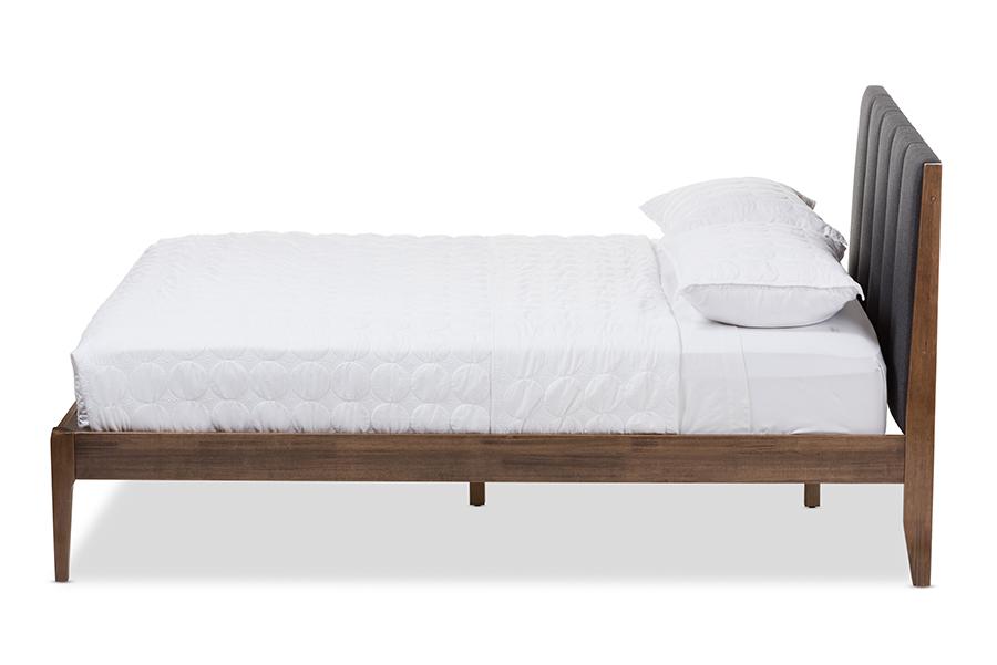 Baxton Studio Ember Mid-Century Dark Grey Fabric and Medium Brown Finish Wood Full Size Platform Bed