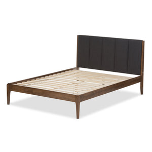 Baxton Studio Ember Mid-Century Dark Grey Fabric and Medium Brown Finish Wood King Size Platform Bed