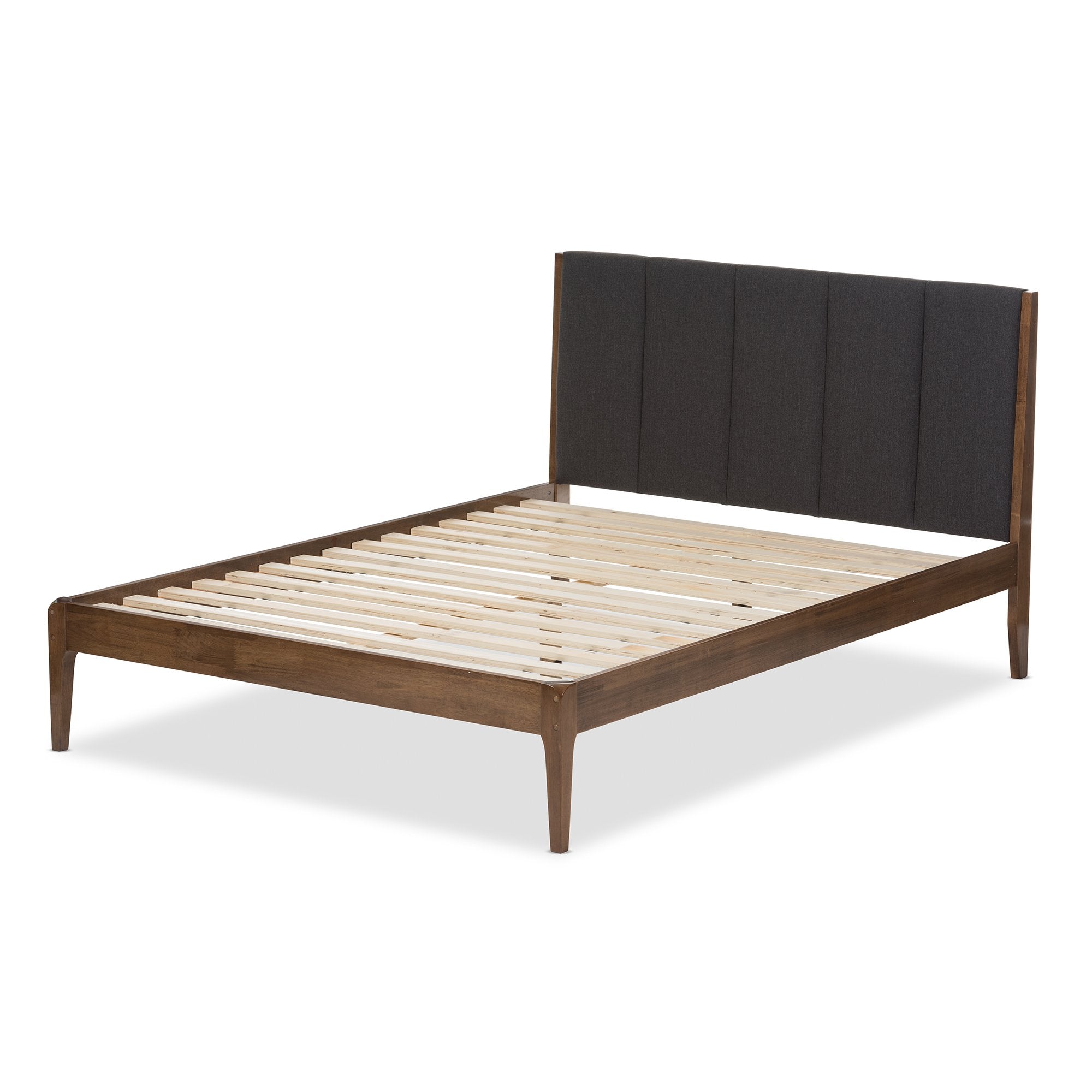 Baxton Studio Ember Mid-Century Dark Grey Fabric and Medium Brown Finish Wood Queen Size Platform Bed