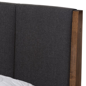 Baxton Studio Ember Mid-Century Dark Grey Fabric and Medium Brown Finish Wood King Size Platform Bed