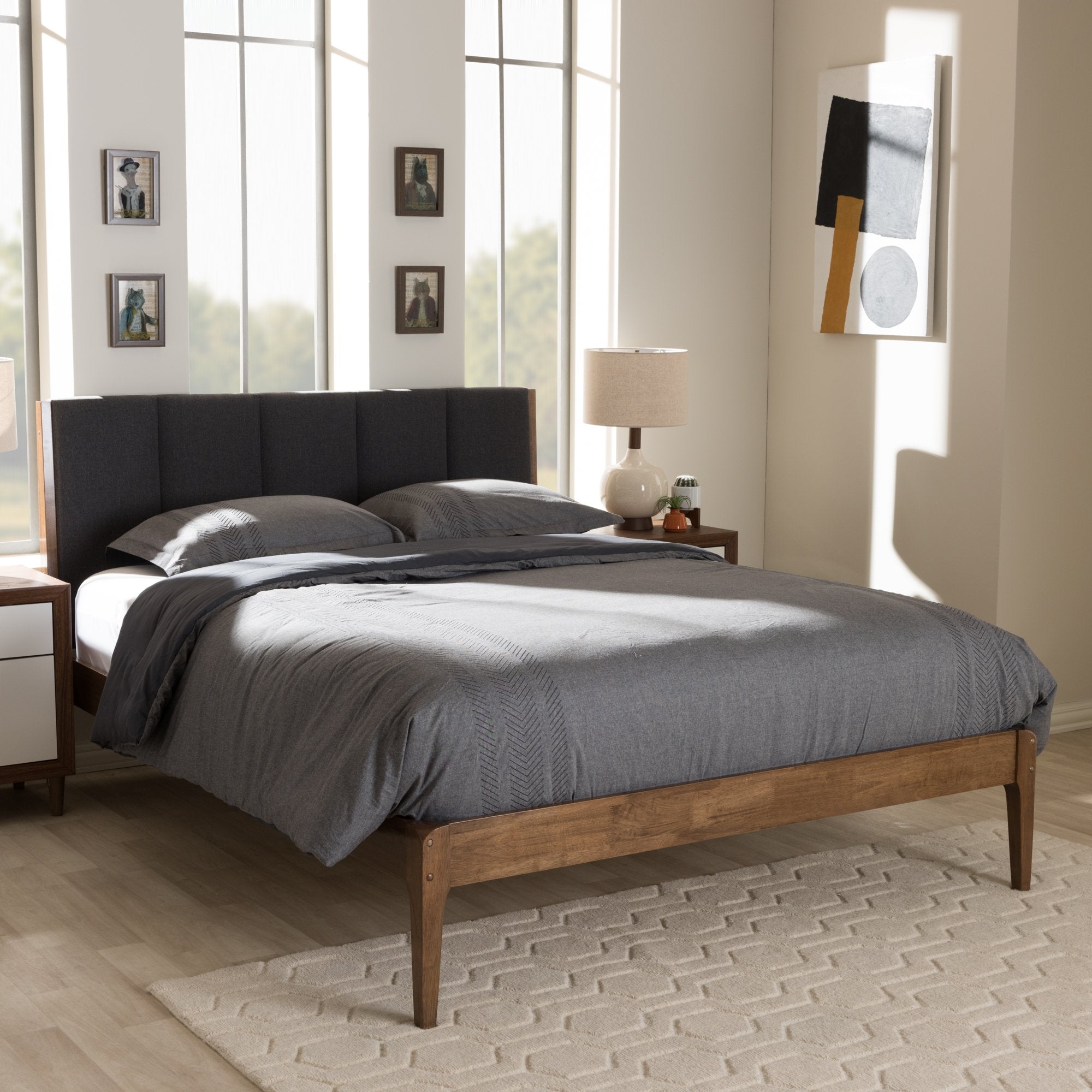 Baxton Studio Ember Mid-Century Dark Grey Fabric and Medium Brown Finish Wood Full Size Platform Bed