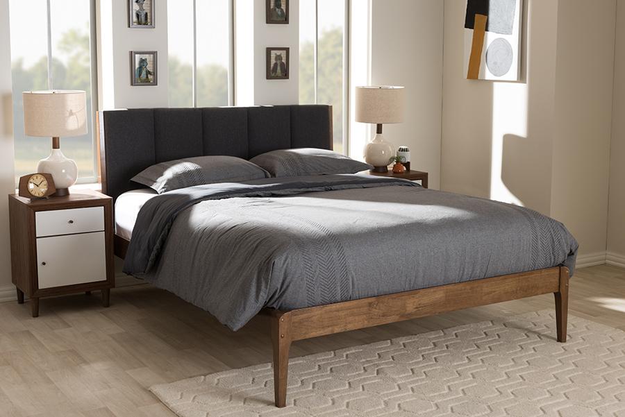 Baxton Studio Ember Mid-Century Dark Grey Fabric and Medium Brown Finish Wood King Size Platform Bed