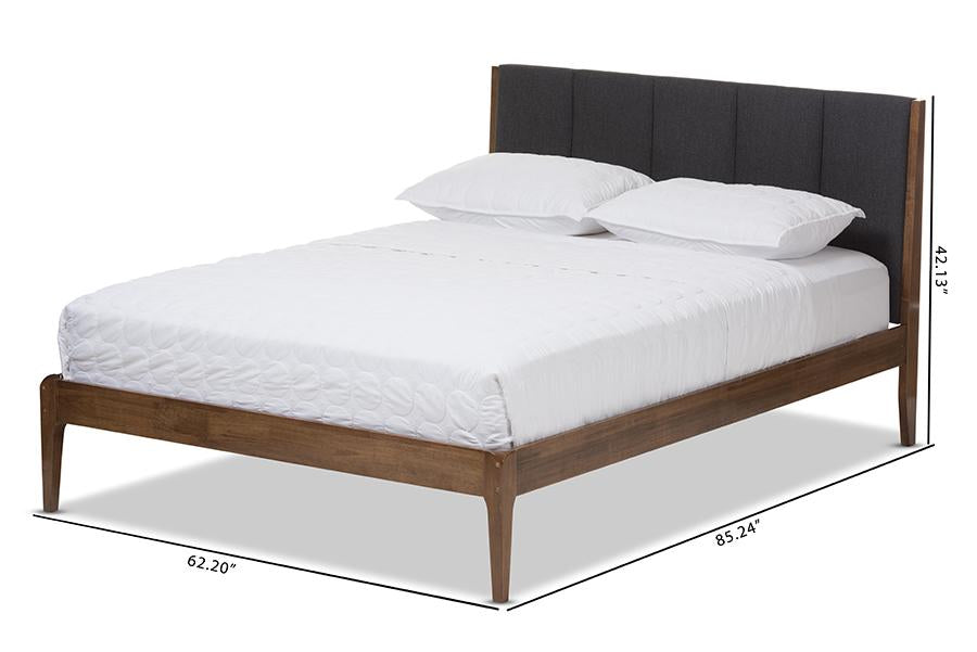 Baxton Studio Ember Mid-Century Dark Grey Fabric and Medium Brown Finish Wood King Size Platform Bed