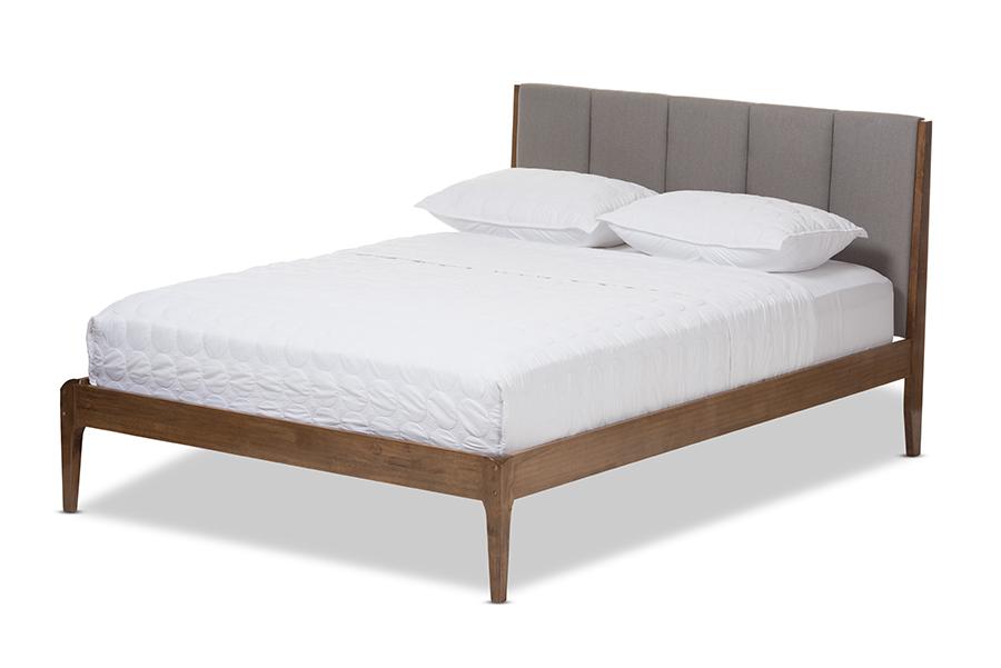 Baxton Studio Ember Mid-Century Light Grey Fabric and Medium Brown Finish Wood Queen Size Platform Bed