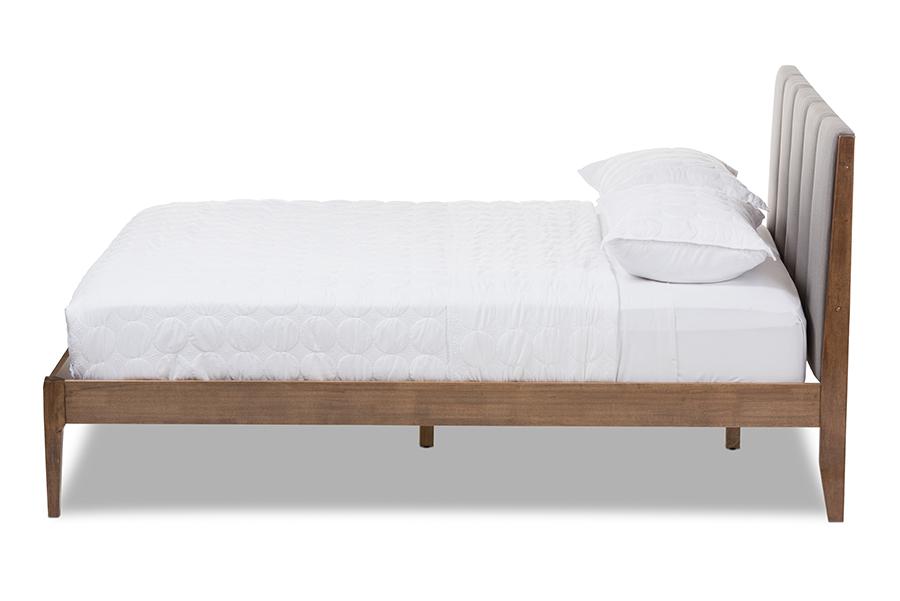 Baxton Studio Ember Mid-Century Light Grey Fabric and Medium Brown Finish Wood Queen Size Platform Bed