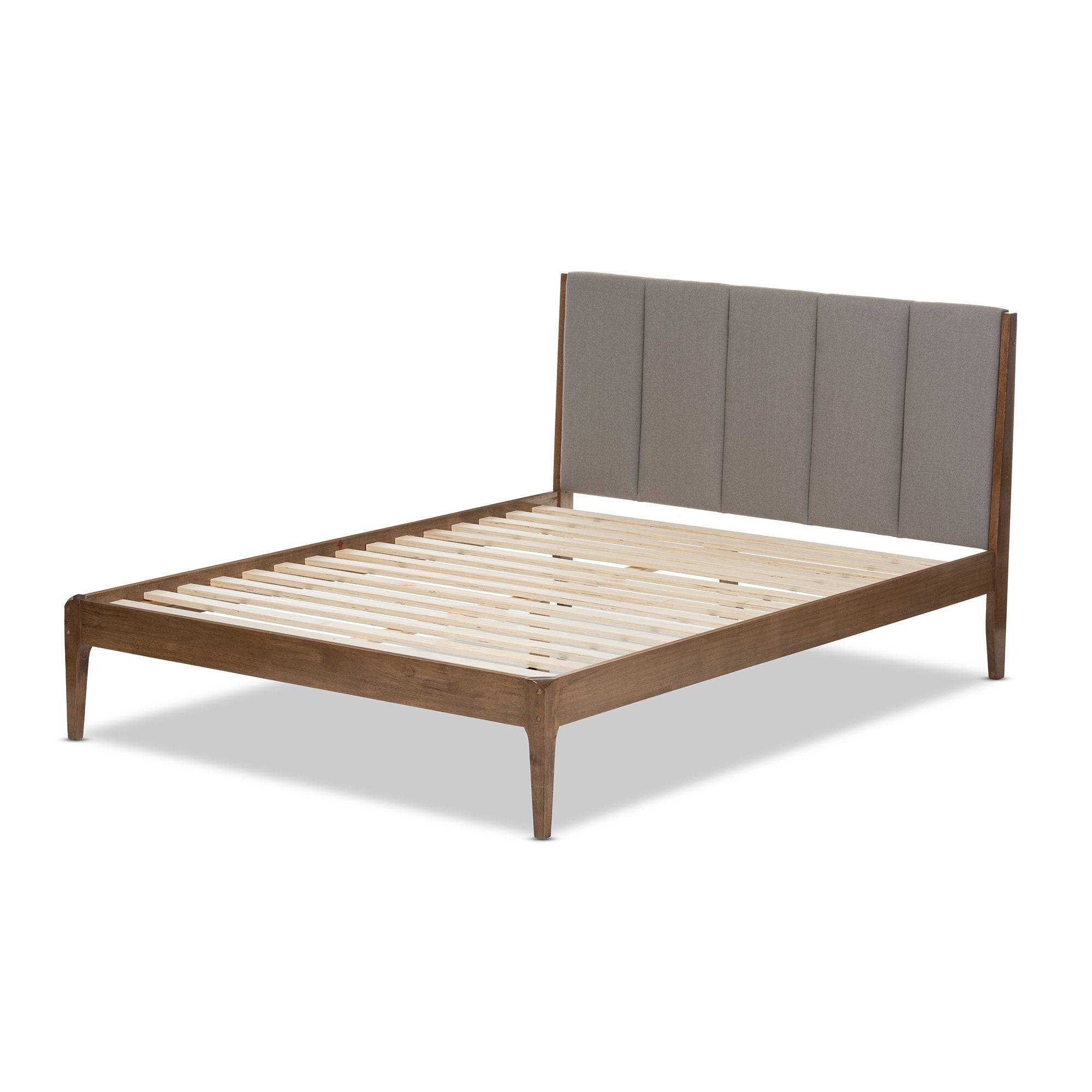 Baxton Studio Ember Mid-Century Light Grey Fabric and Medium Brown Finish Wood King Size Platform Bed