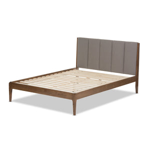 Baxton Studio Ember Mid-Century Light Grey Fabric and Medium Brown Finish Wood Queen Size Platform Bed