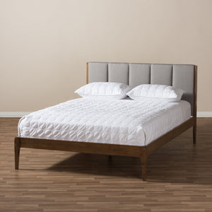 Baxton Studio Ember Mid-Century Light Grey Fabric and Medium Brown Finish Wood King Size Platform Bed