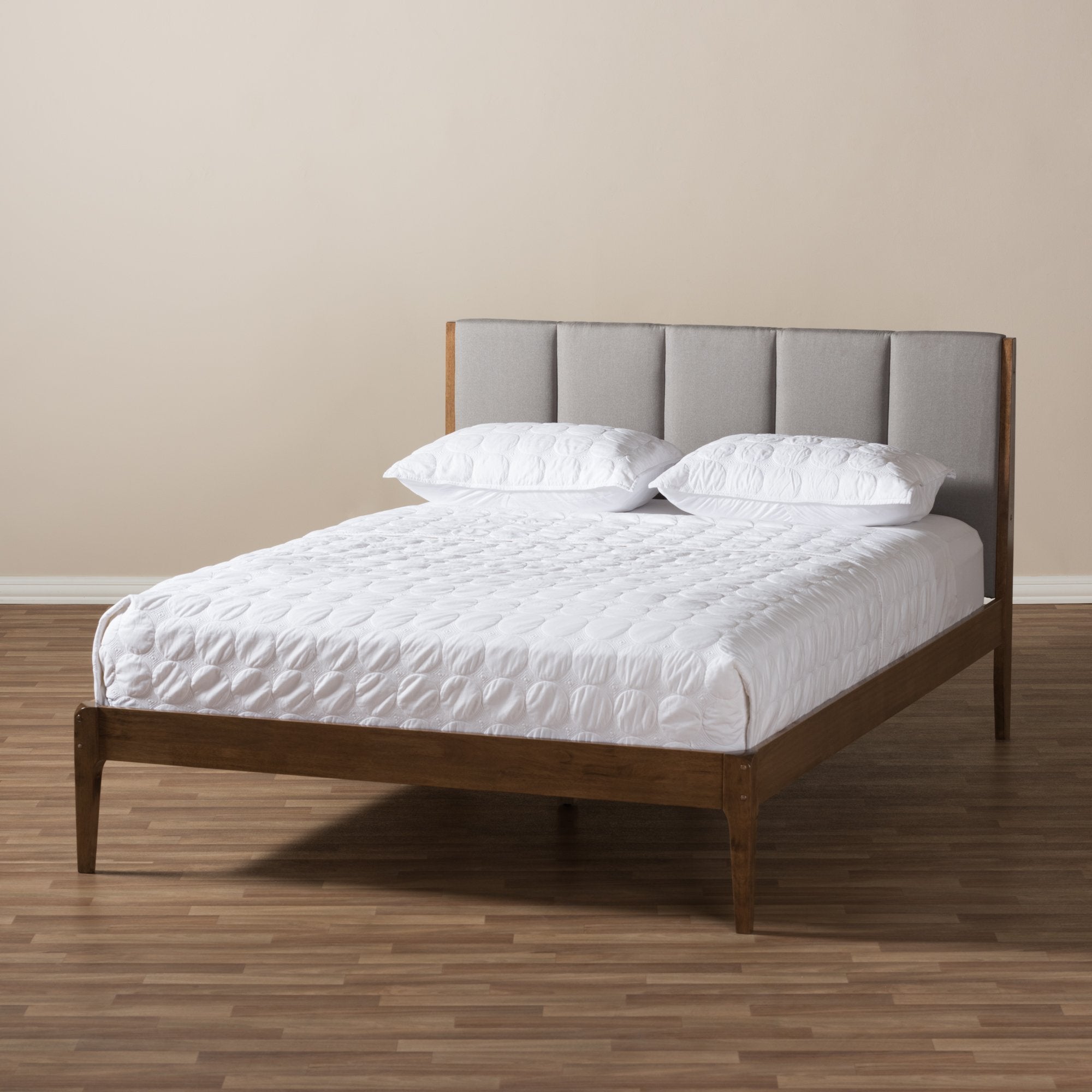 Baxton Studio Ember Mid-Century Light Grey Fabric and Medium Brown Finish Wood Queen Size Platform Bed