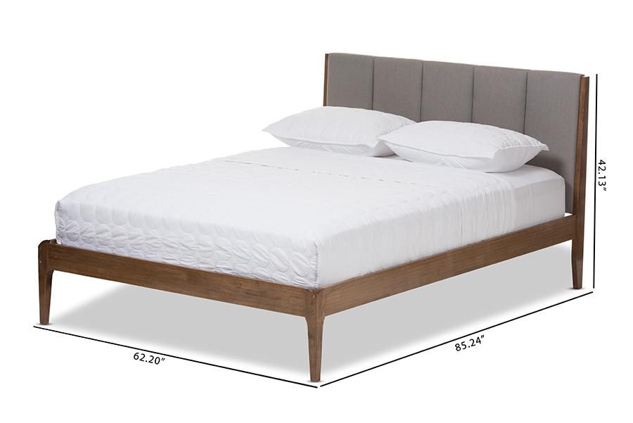 Baxton Studio Ember Mid-Century Light Grey Fabric and Medium Brown Finish Wood King Size Platform Bed