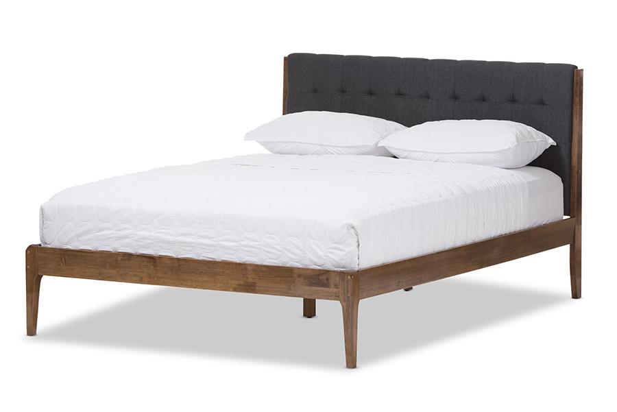 Baxton Studio Clifford Mid-Century Dark Grey Fabric and Medium Brown Finish Wood Queen Size Platform Bed