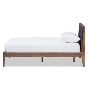 Baxton Studio Clifford Mid-Century Dark Grey Fabric and Medium Brown Finish Wood Queen Size Platform Bed