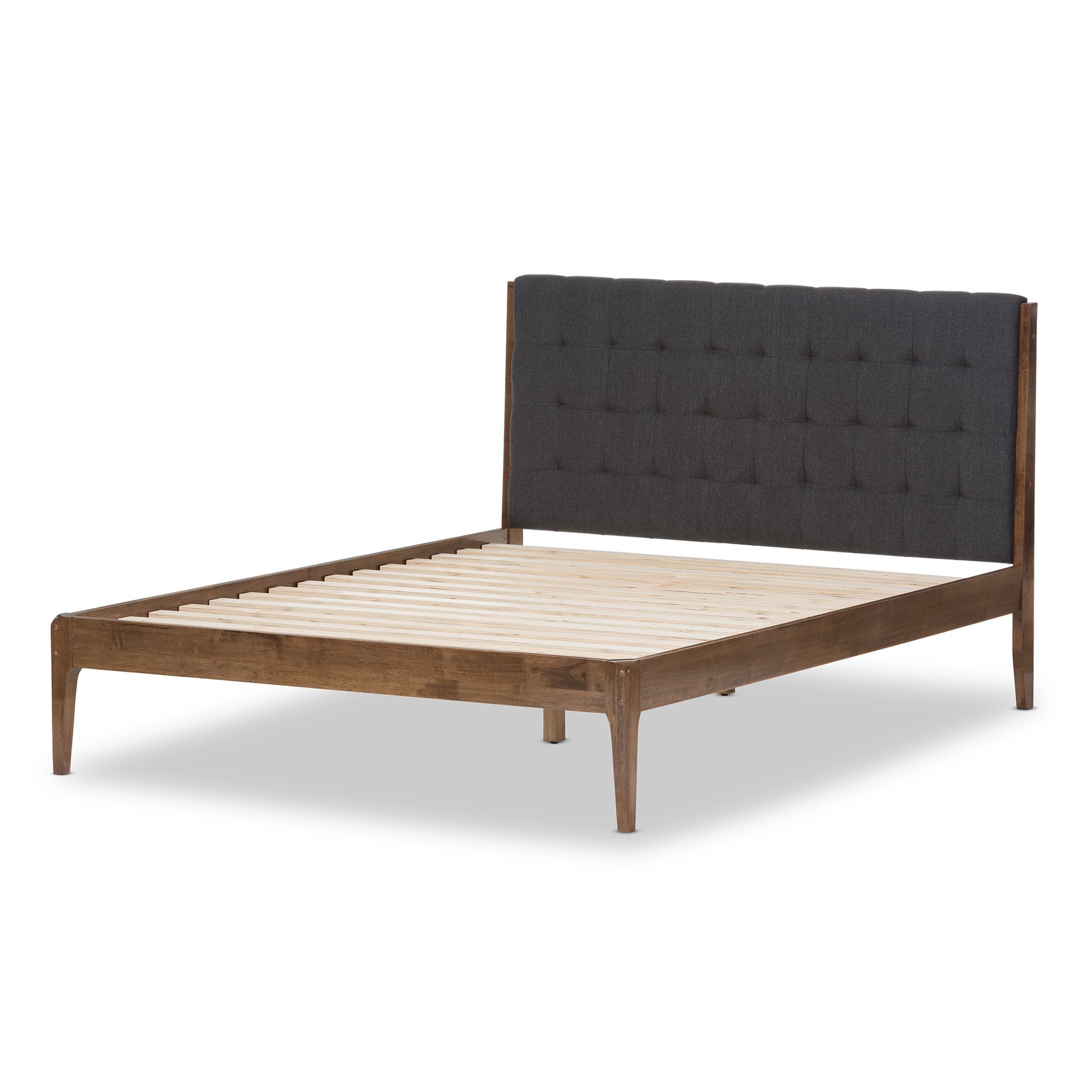 Baxton Studio Clifford Mid-Century Dark Grey Fabric and Medium Brown Finish Wood Queen Size Platform Bed