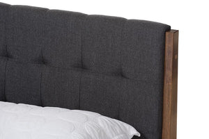 Baxton Studio Clifford Mid-Century Dark Grey Fabric and Medium Brown Finish Wood Queen Size Platform Bed