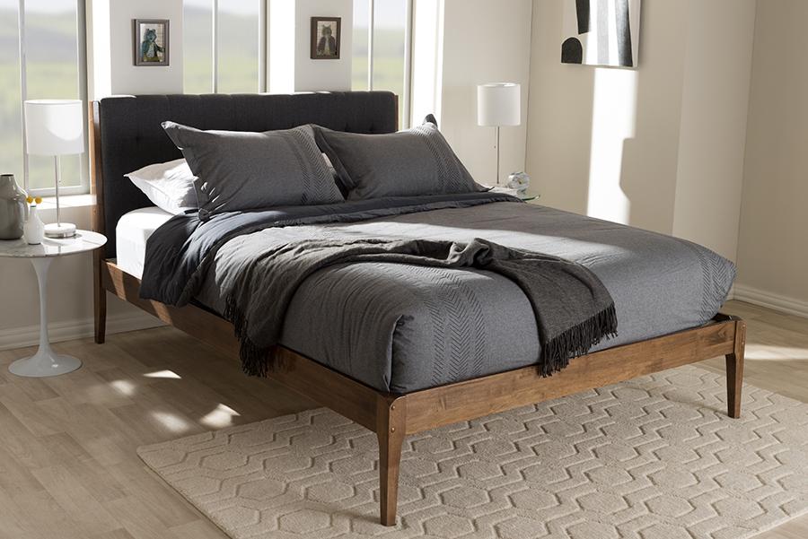 Baxton Studio Clifford Mid-Century Dark Grey Fabric and Medium Brown Finish Wood King Size Platform Bed