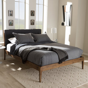 Baxton Studio Clifford Mid-Century Dark Grey Fabric and Medium Brown Finish Wood King Size Platform Bed