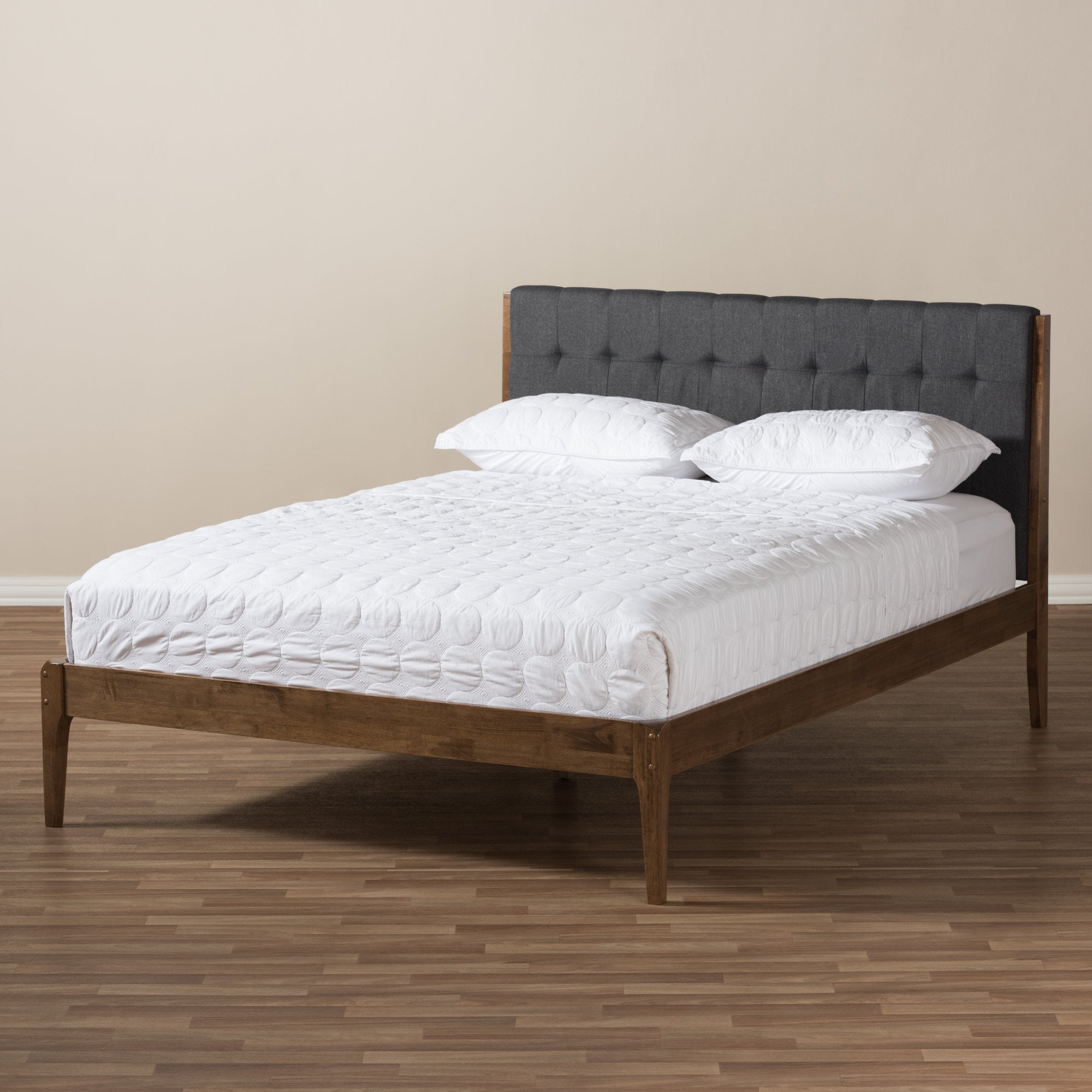 Baxton Studio Clifford Mid-Century Dark Grey Fabric and Medium Brown Finish Wood King Size Platform Bed