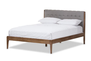 Baxton Studio Clifford Mid-Century Light Grey Fabric and Medium Brown Finish Wood Queen Size Platform Bed