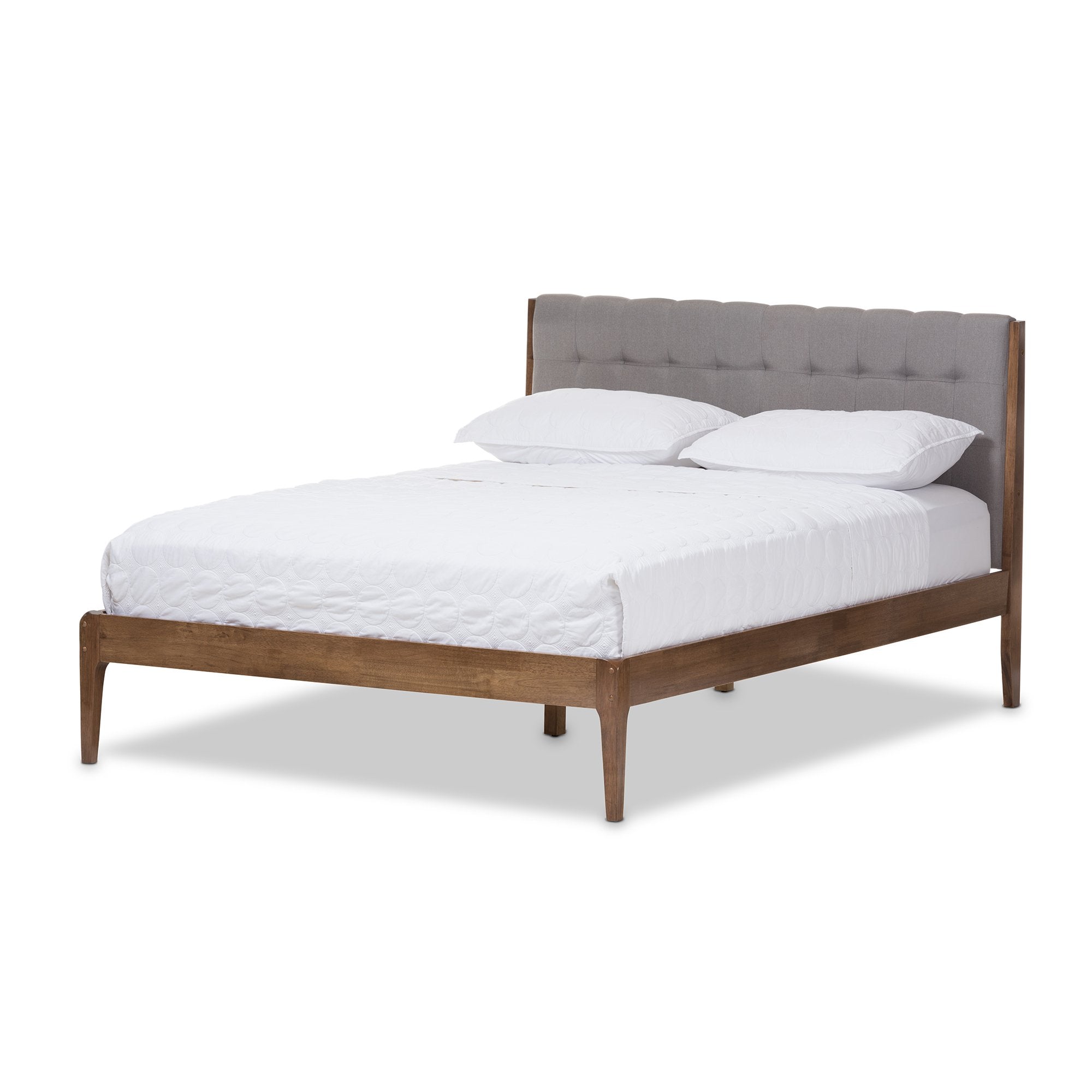 Baxton Studio Clifford Mid-Century Light Grey Fabric and Medium Brown Finish Wood King Size Platform Bed