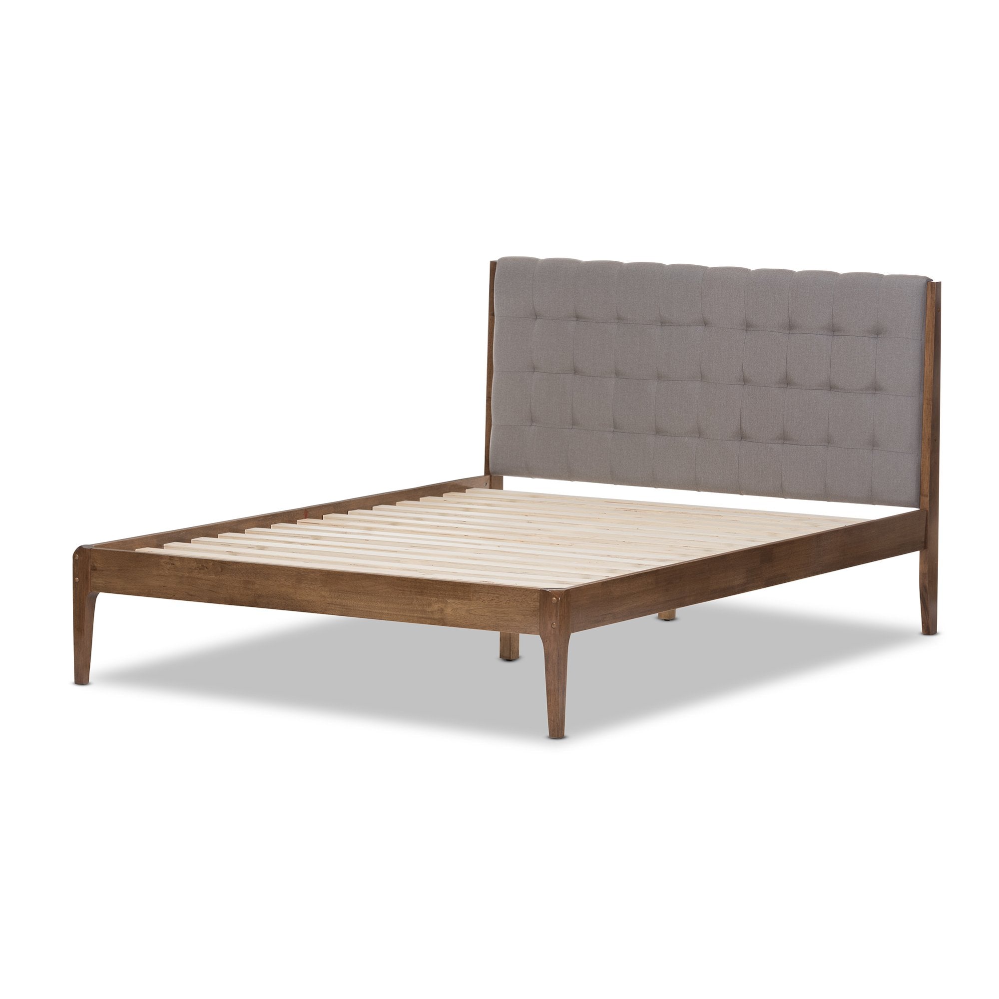 Baxton Studio Clifford Mid-Century Light Grey Fabric and Medium Brown Finish Wood Queen Size Platform Bed