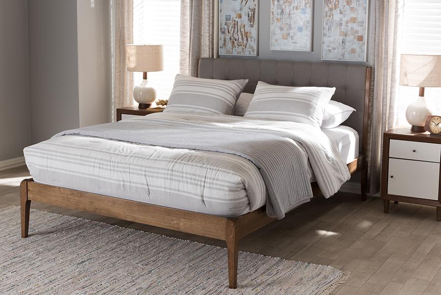 Baxton Studio Clifford Mid-Century Light Grey Fabric and Medium Brown Finish Wood Full Size Platform Bed