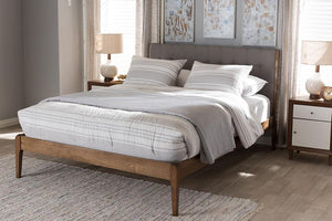 Baxton Studio Clifford Mid-Century Light Grey Fabric and Medium Brown Finish Wood King Size Platform Bed