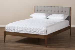 Baxton Studio Clifford Mid-Century Light Grey Fabric and Medium Brown Finish Wood Full Size Platform Bed