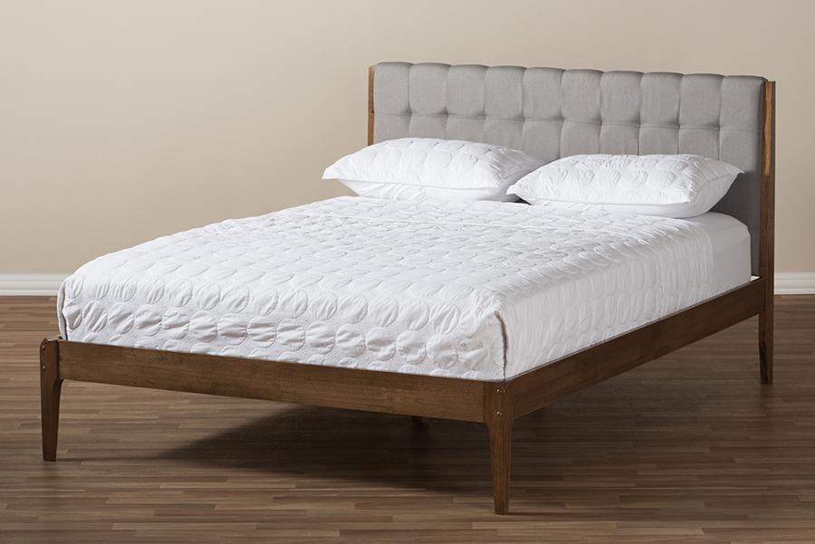 Baxton Studio Clifford Mid-Century Light Grey Fabric and Medium Brown Finish Wood King Size Platform Bed