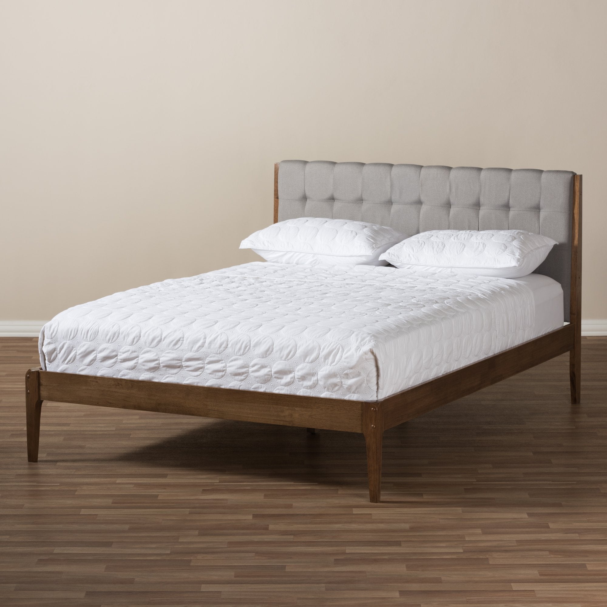 Baxton Studio Clifford Mid-Century Light Grey Fabric and Medium Brown Finish Wood Full Size Platform Bed