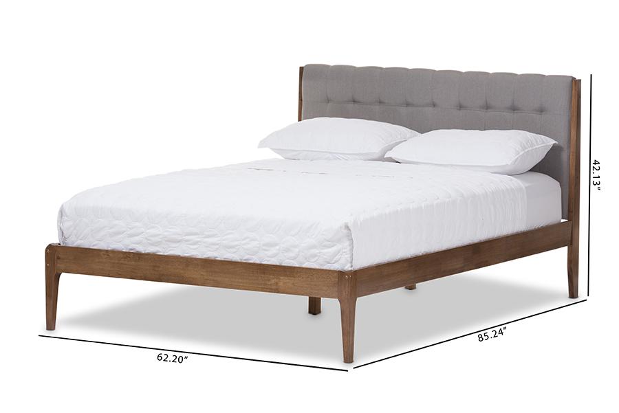 Baxton Studio Clifford Mid-Century Light Grey Fabric and Medium Brown Finish Wood Full Size Platform Bed